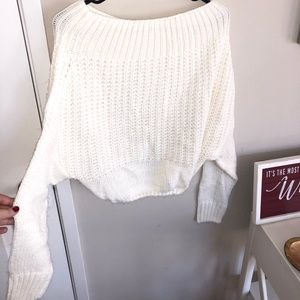 Off the shoulder white knit sweater